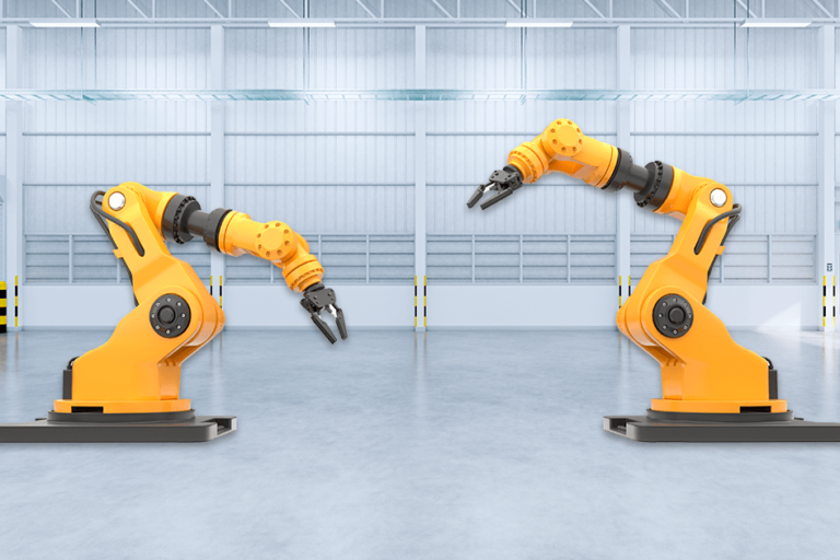 brazos robóticos industriales color amarillo para automatizar procesos de industria automotriz