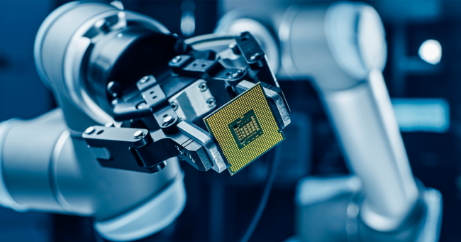 robot industrial en línea de producción con un procesador en mano